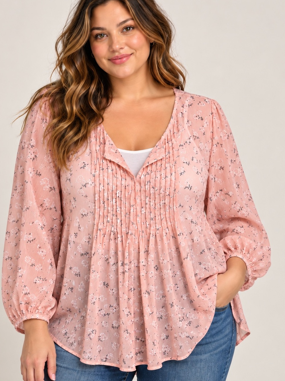 Torrid Size 3 Pink Floral Sheer Pintuck Blouse Long Sleeve Plus 3X